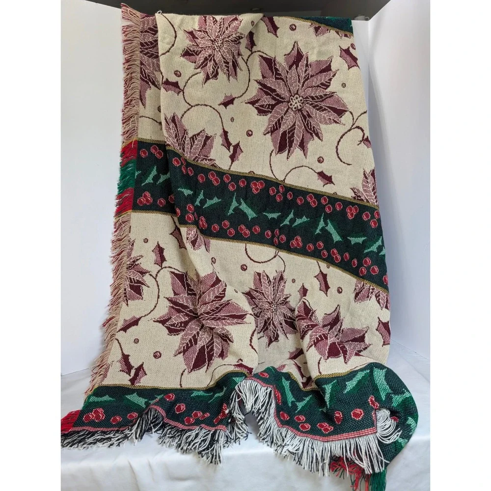 Vintage Christmas Holiday Poinsettia Tapestry Tote Bag & Blanket Fringe Acrylic